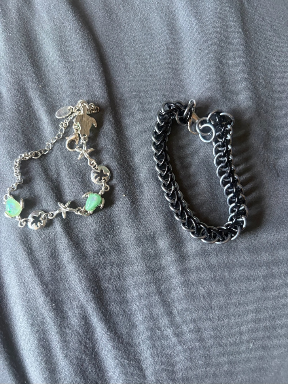 Silver Flower & Green Stone Bracelet + Black Chain Bracelet